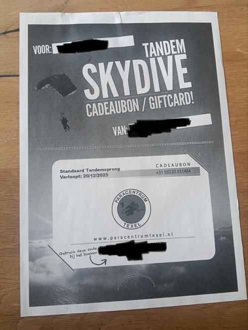 Voucher tandem skydive sprong geldig tot 20/12/2025 twv 249, Tickets en Kaartjes, Overige Tickets en Kaartjes, Eén persoon