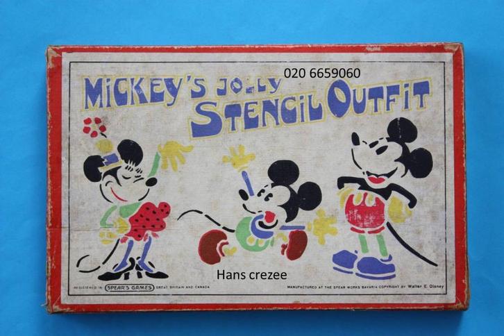 zoek oud disney mickey mouse schablonen stencil doos spears, Antiek en Kunst, Antiek | Speelgoed, Ophalen of Verzenden
