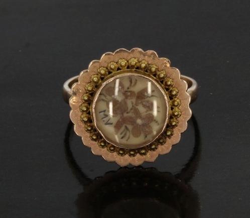 Memorie antieke 14k gouden dames ring haarwerkje 19e eeuws, Sieraden, Tassen en Uiterlijk, Antieke sieraden, Ring, Goud, Met edelsteen