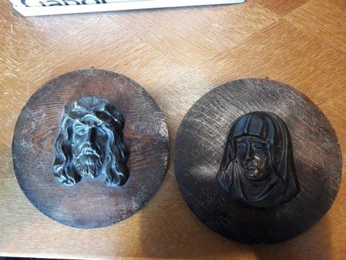 Portret Jezus en Maria op hout, Verzamelen, Religie, Gebruikt, Christendom | Katholiek, Beeld(je), Ophalen of Verzenden