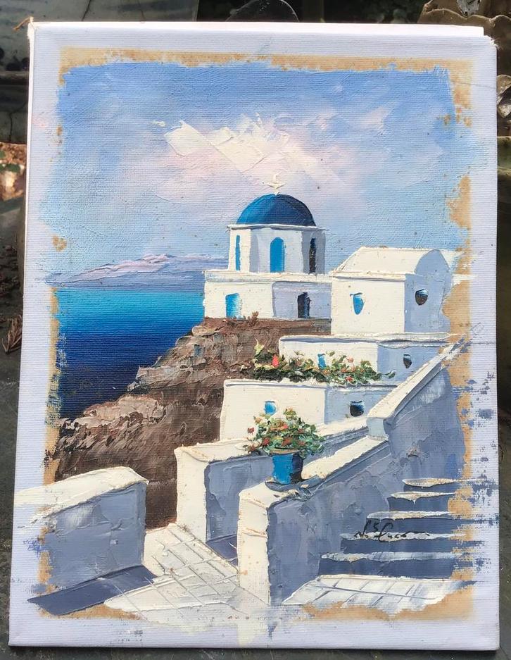 Leuk schilderijtje van santorini Griekenland., Antiek en Kunst, Kunst | Schilderijen | Modern, Ophalen of Verzenden