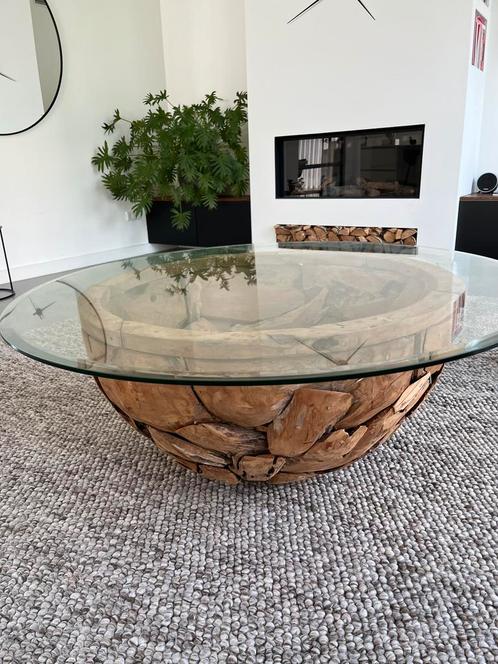 Prachtige salontafel eyecatcher (teakhout), Huis en Inrichting, Tafels | Salontafels, Gebruikt, Minder dan 50 cm, Rond, Teakhout