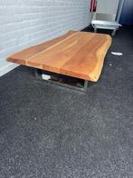 Zware houten salon tafel met metalen onderkant, Ophalen, Eikenhout, 100 tot 150 cm, 50 tot 100 cm