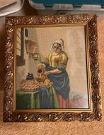 Antiek/vintage geborduurd MELKMEISJE met lijst 36x40, Antiek en Kunst, Ophalen