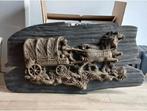 Wand decoratie van hout: cowboy met huifkar en paarden, Antiek en Kunst, Ophalen