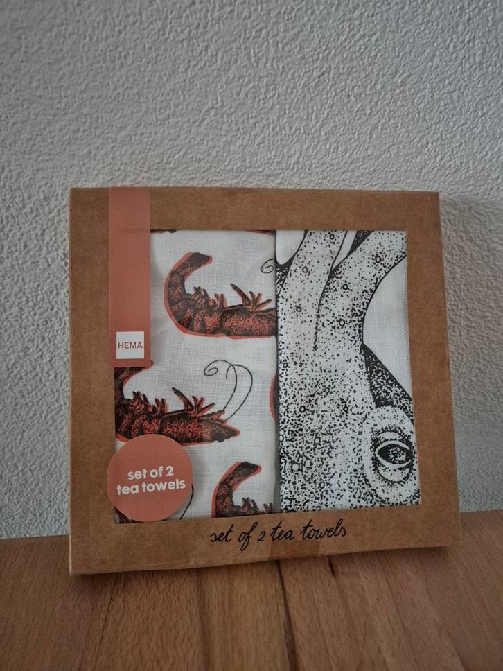 Hema theedoeken set met kreeft en inktvis, nieuw, Huis en Inrichting, Keuken | Textiel, Nieuw, Theedoek of Handdoek, Wit, Ophalen of Verzenden