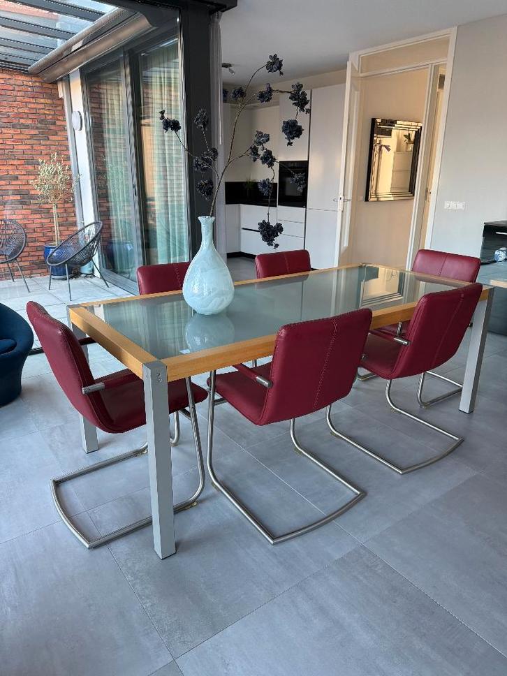 Grote eettafel glas hout metaal 202 cm | modern, Huis en Inrichting, Tafels | Eettafels, Zo goed als nieuw, 100 tot 150 cm, 200 cm of meer