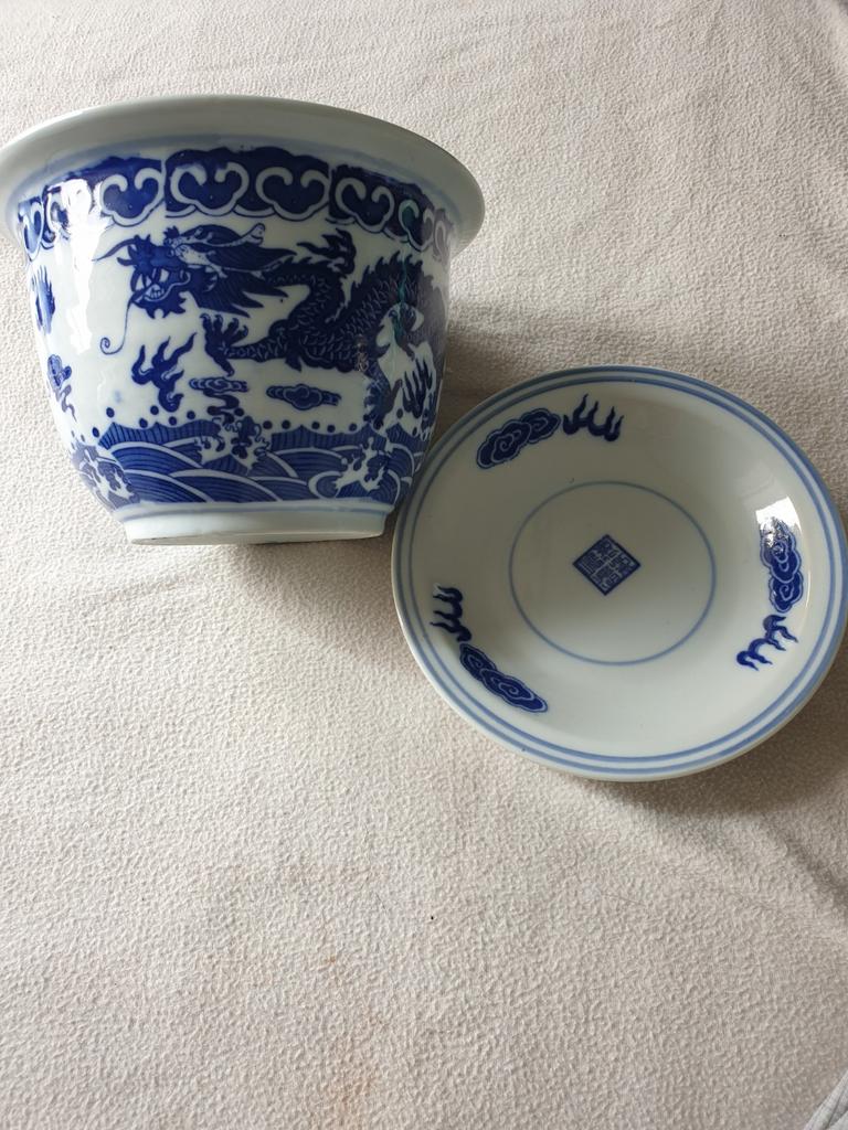 Blauw-witte porseleinen bloempot met Chinese draak – 24 cm, Ophalen of Verzenden