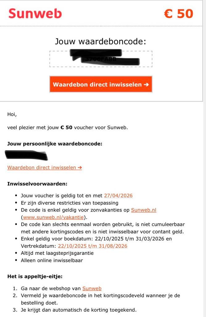 Sunweb 50 euro korting, Eén persoon, Kortingsbon