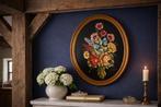 Vintage Groot Schilderij Bloemen Boeket Ovale Lijst, Ophalen of Verzenden