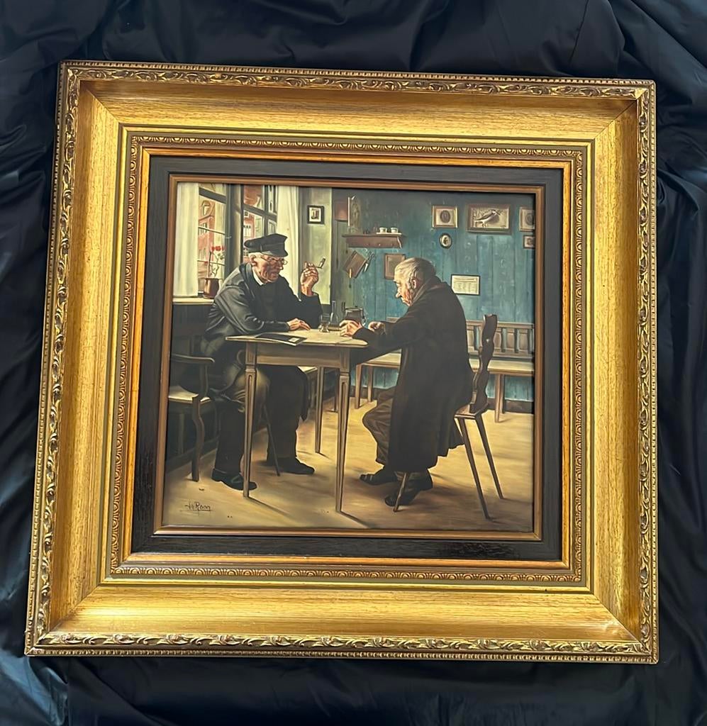 Prachtig schilderijtje mannen in het cafe, Ophalen of Verzenden