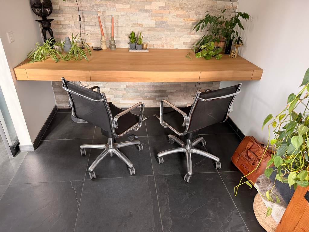 Eiken bureau met laden, 224x81,5 cm, Huis en Inrichting, Bureaus, Ophalen, Overige typen, Gebruikt, Bruin