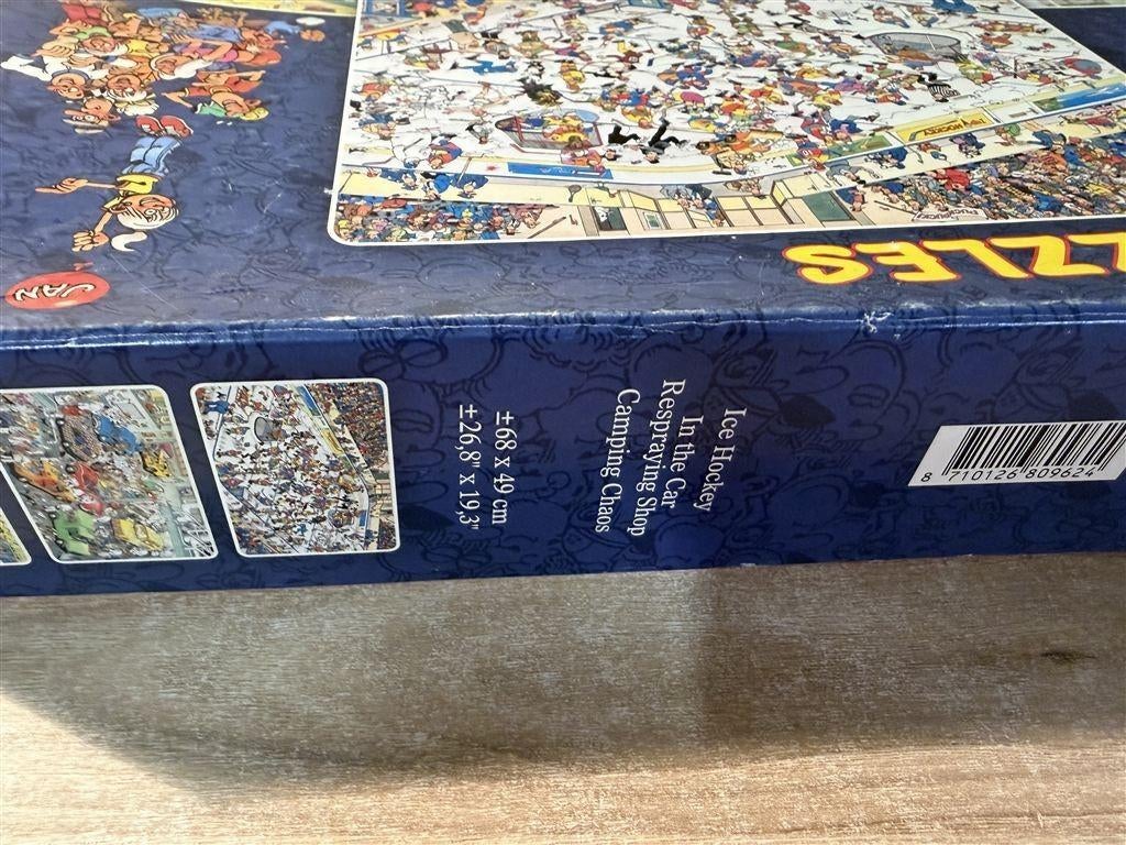 Jan van Haasteren - ice hockey - car shop - camping chaos -, Hobby en Vrije tijd, Denksport en Puzzels, Ophalen of Verzenden, 500 t/m 1500 stukjes