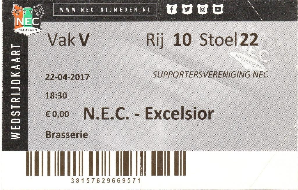 Ticket NEC - Excelsior 2017, Verzamelen, Ophalen of Verzenden, Gebruikt, Overige binnenlandse clubs, Overige typen