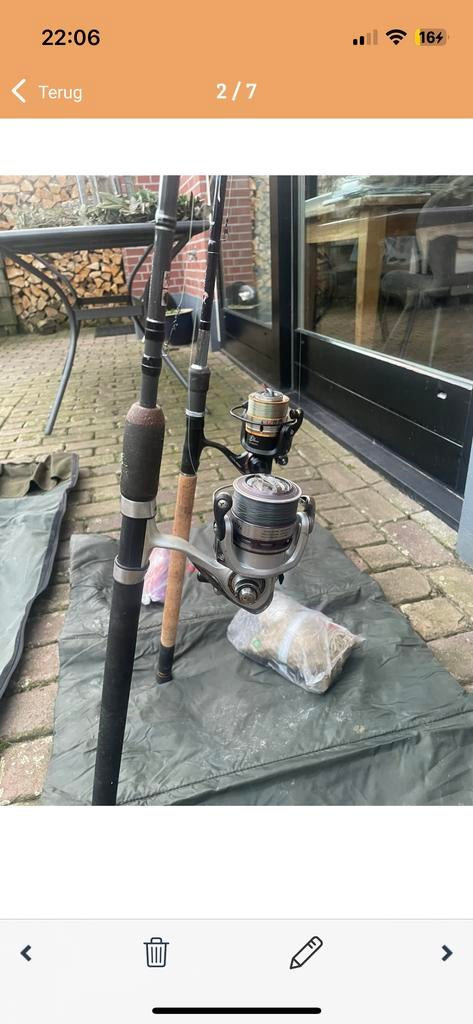 Hengelsport (feeder) set met twee hengels en accessoires, Watersport en Boten, Hengelsport | Algemeen, Ophalen, Gebruikt, Complete hengel