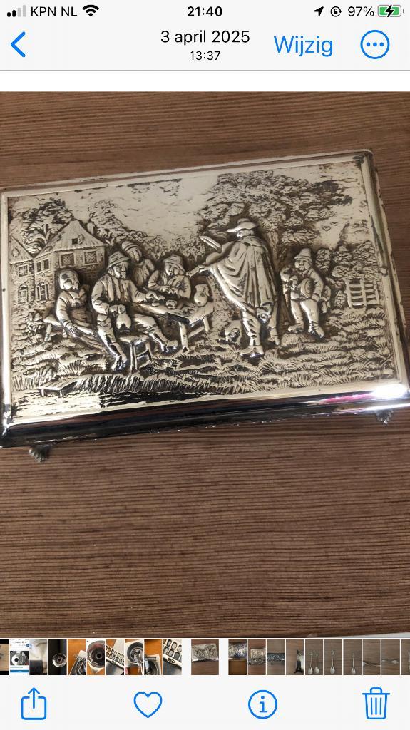 Prachtig uitgewerkt verzilverde sigarettendoos of lepeldoos, Antiek en Kunst, Antiek | Goud en Zilver, Zilver, Ophalen of Verzenden