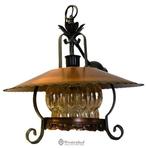 Vintage industriële hanglamp - dikke lampenkap glas, Gebruikt, Overige kleuren, Rond, Ophalen of Verzenden