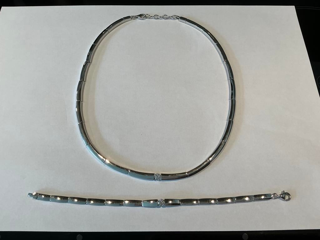 Zilveren set ketting armband 925 chique design zirkonia 40 g, Ophalen of Verzenden, Nieuw, Zilver