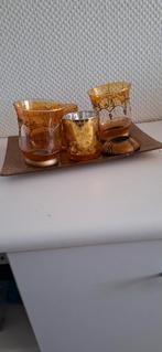 Glazen vintage plateau met waxinehoudertjes, Huis en Inrichting, Woonaccessoires | Kandelaars en Kaarsen, Overige materialen, Gebruikt