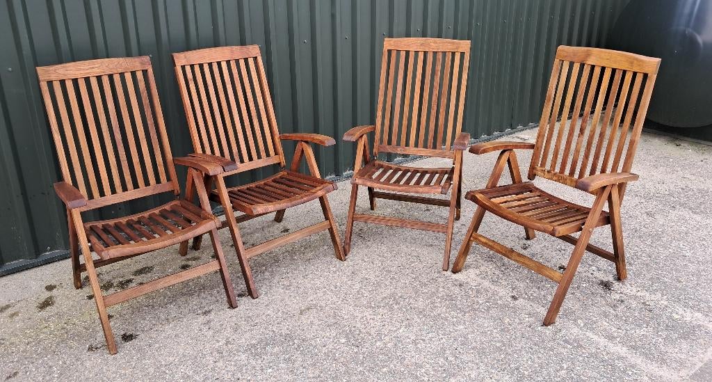 4 Teakhouten standenstoelen merk Allure, inklapbaar, Ophalen, Gebruikt, Teakhout, Verstelbaar