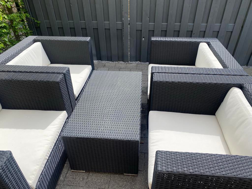 Zwarte loungeset met witte kussens, Tuin en Terras, Tuinsets en Loungesets, 4 zitplaatsen, Gebruikt, Ophalen of Verzenden, Loungeset