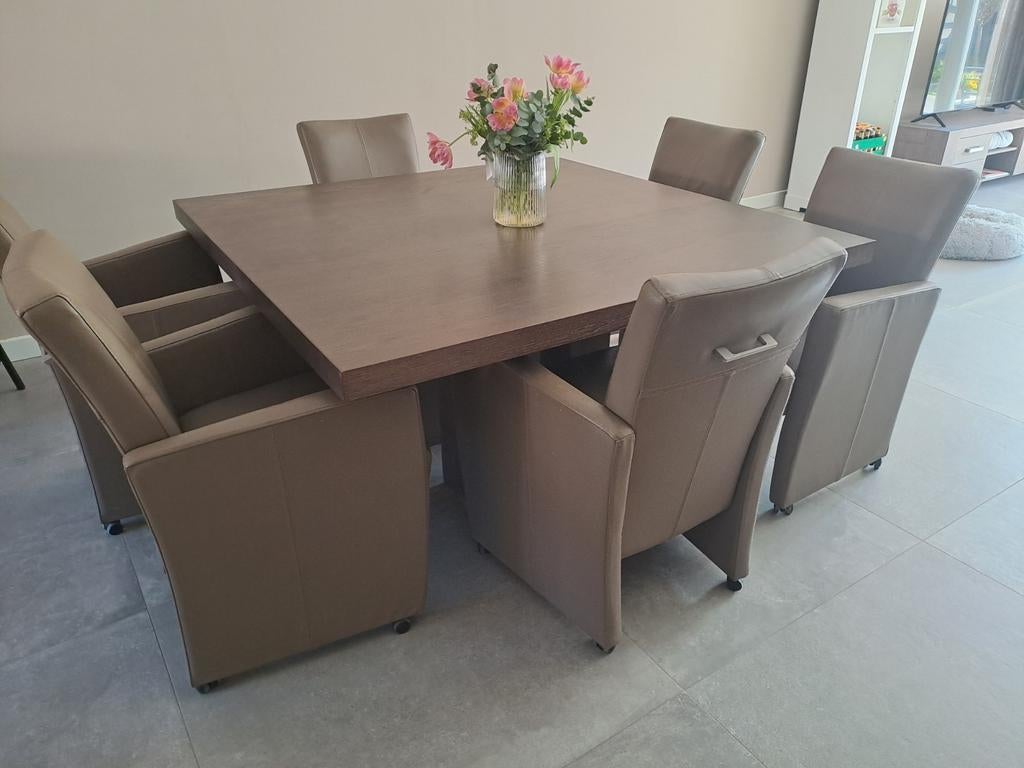 Eettafel (145x75cm) met 6 leren stoelen op wieltjes, Ophalen, Gebruikt, 4 tot 6 stoelen