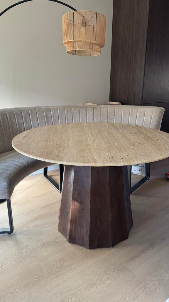 Ronde travertin eettafel met houten onderstel, Gebruikt, 100 tot 150 cm, Rond, Ophalen of Verzenden