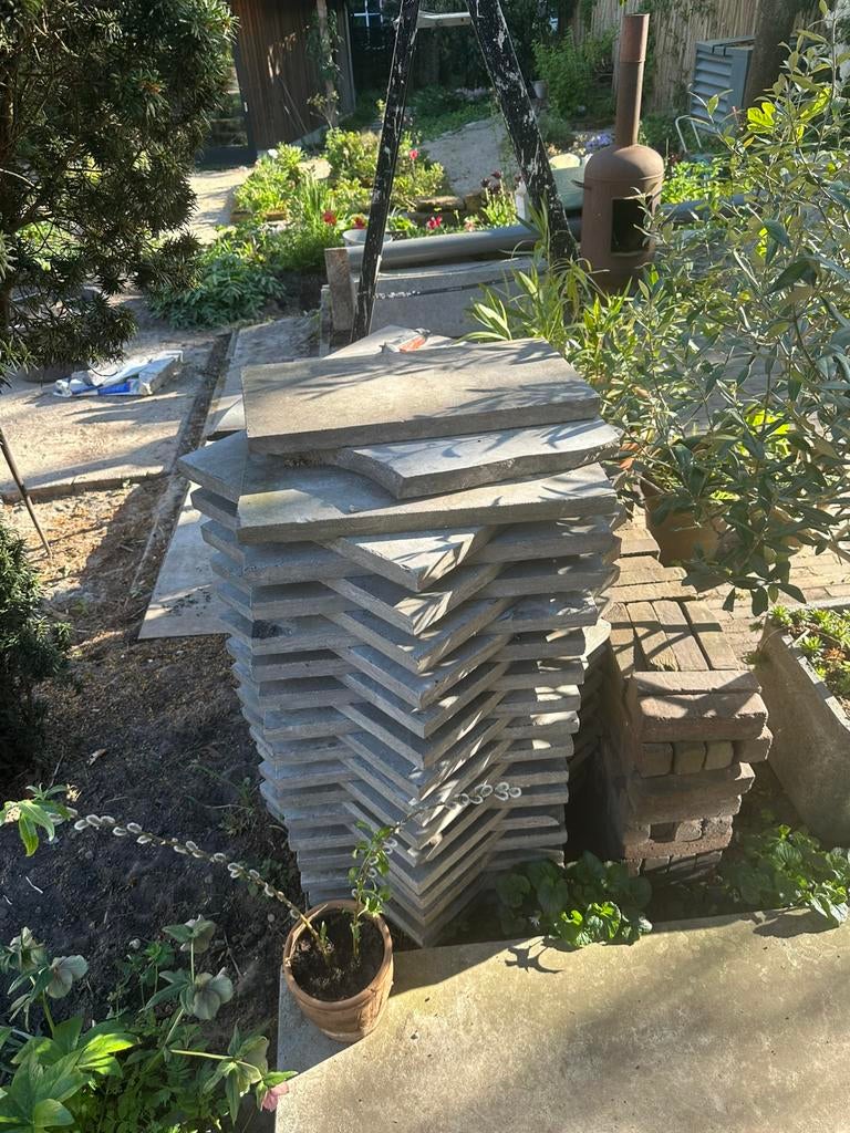 60x hardsteen tegels 50x50 cm grijs, Ophalen, Gebruikt, Terrastegels, Natuursteen