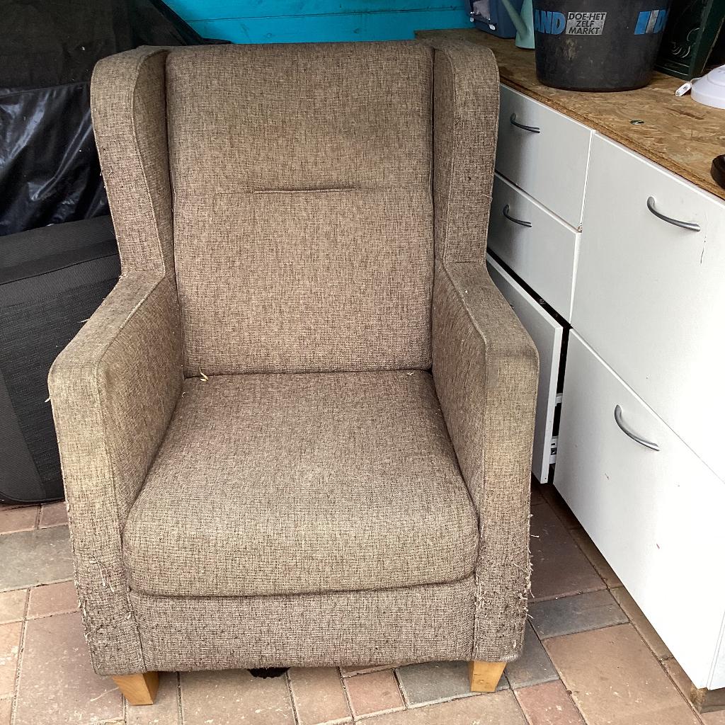 Bruin gemeleerde stoffen oorfauteuil, Huis en Inrichting, Fauteuils, Gebruikt, 75 tot 100 cm, Ophalen of Verzenden, 75 tot 100 cm