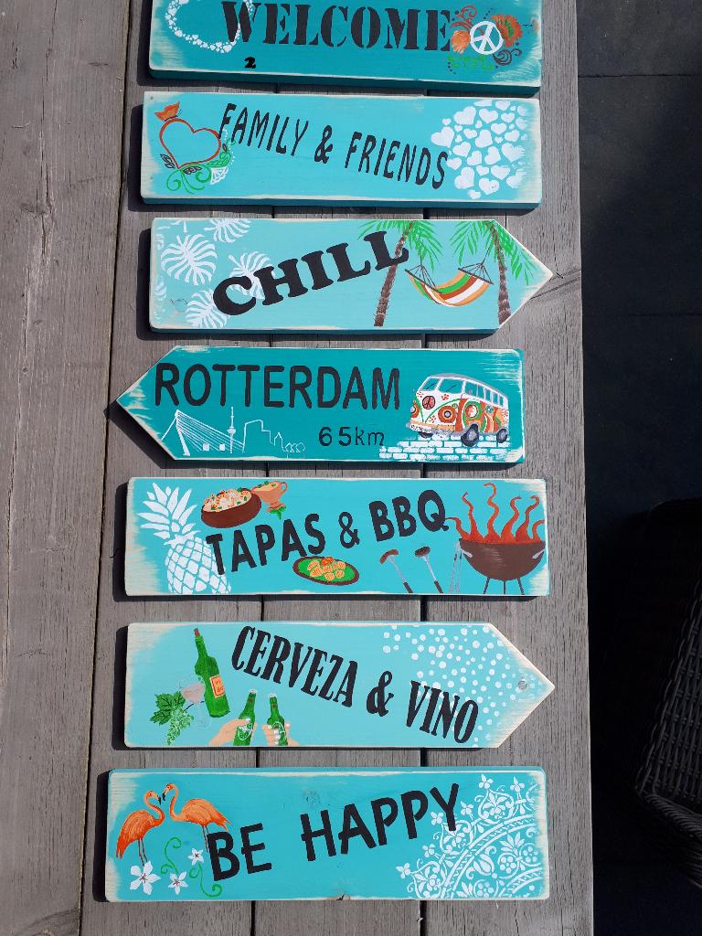 Tekstbord wegwijzer hout ibiza carribean tiki naar jouw wens, Ophalen of Verzenden, Nieuw