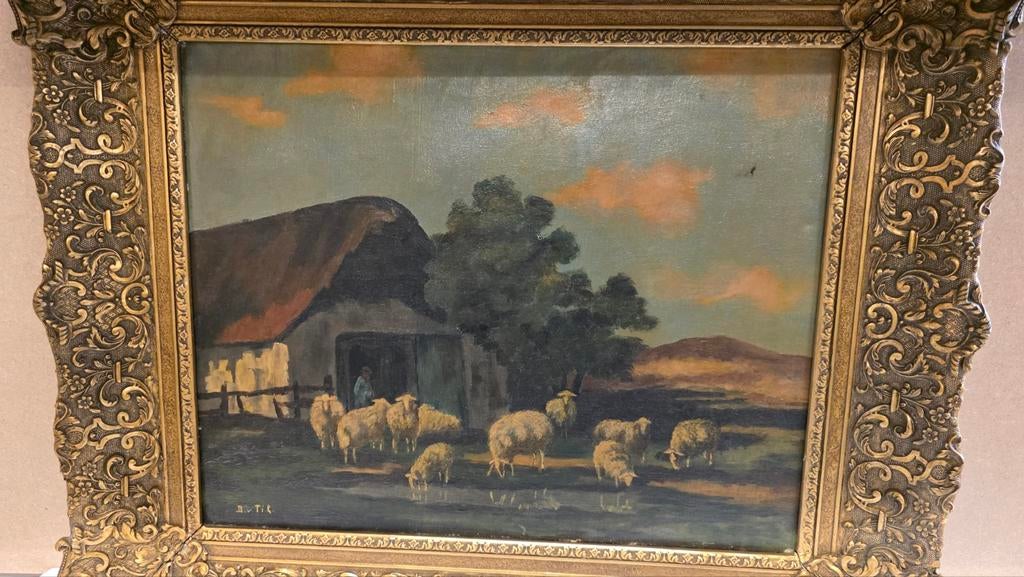Antiek schilderij met schapen in originele lijst, Antiek en Kunst, Kunst | Schilderijen | Klassiek, Ophalen of Verzenden