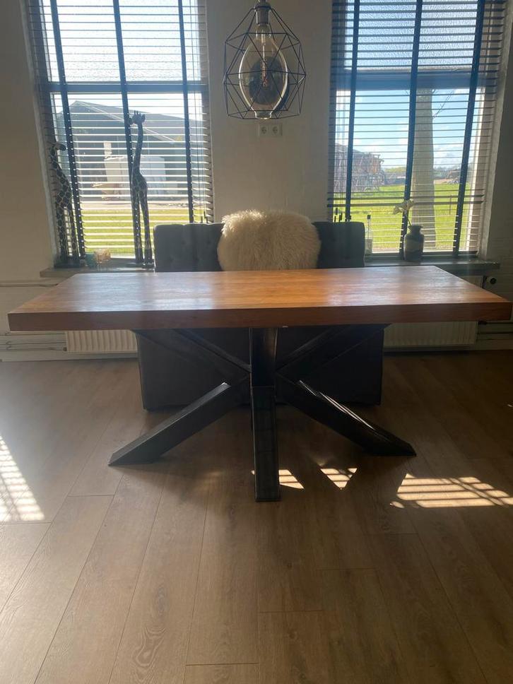 Zware eikenhouten tafel met metalen matrix onderstel, Huis en Inrichting, Tafels | Eettafels, Gebruikt, 50 tot 100 cm, 150 tot 200 cm