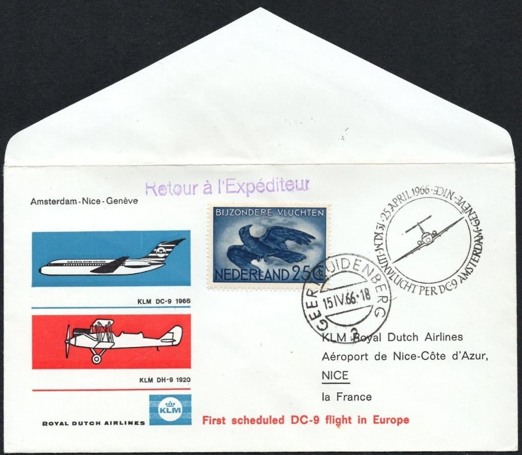 1e KLM DC9 vlucht Amsterdam- Nice - Genève 1966, Postzegels en Munten, Brieven en Enveloppen | Nederland, Verzenden, Envelop