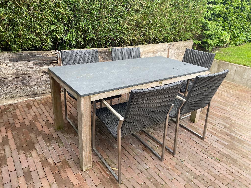 Tuinset van Farmers Teak - Tafel en 5 stoelen, Tuin en Terras, Ophalen, 5 zitplaatsen, Gebruikt, Teakhout