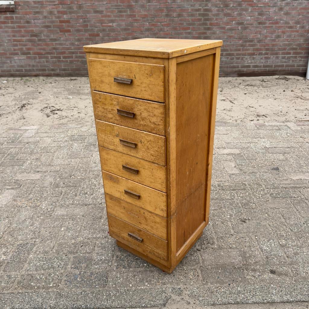 Hoge Vintage Ladekast, Schoolkast, Archiefkast, Hout, Ophalen, Minder dan 50 cm, Gebruikt, 5 laden of meer
