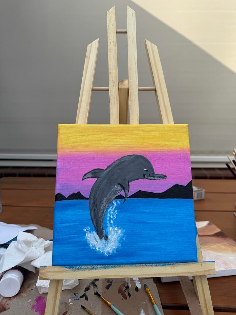 Handgemaakt schilderijtje - Dolfijn of Schildpadden (20x20cm, Antiek en Kunst, Kunst | Schilderijen | Modern, Ophalen of Verzenden