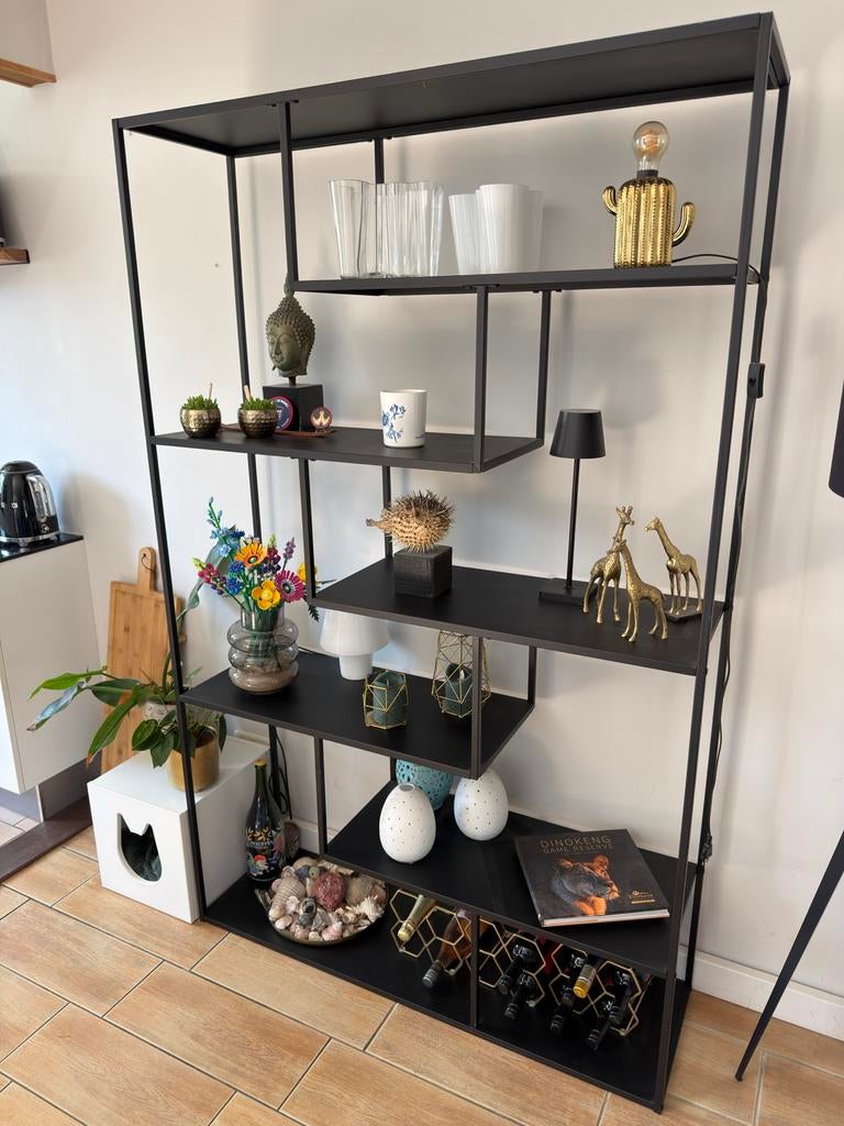 Modern zwart metalen open vakkenkast / boekenkast, Huis en Inrichting, Kasten | Boekenkasten, Met plank(en), 100 tot 150 cm, 200 cm of meer