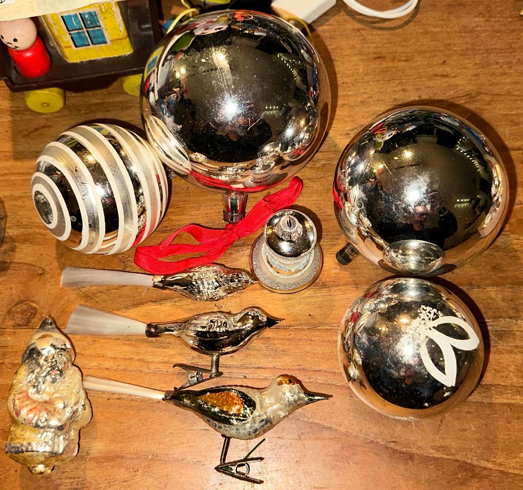 8 delige vintage zilverglas Kerstboom ornamenten 2x vogel +, Ophalen, Gebruikt