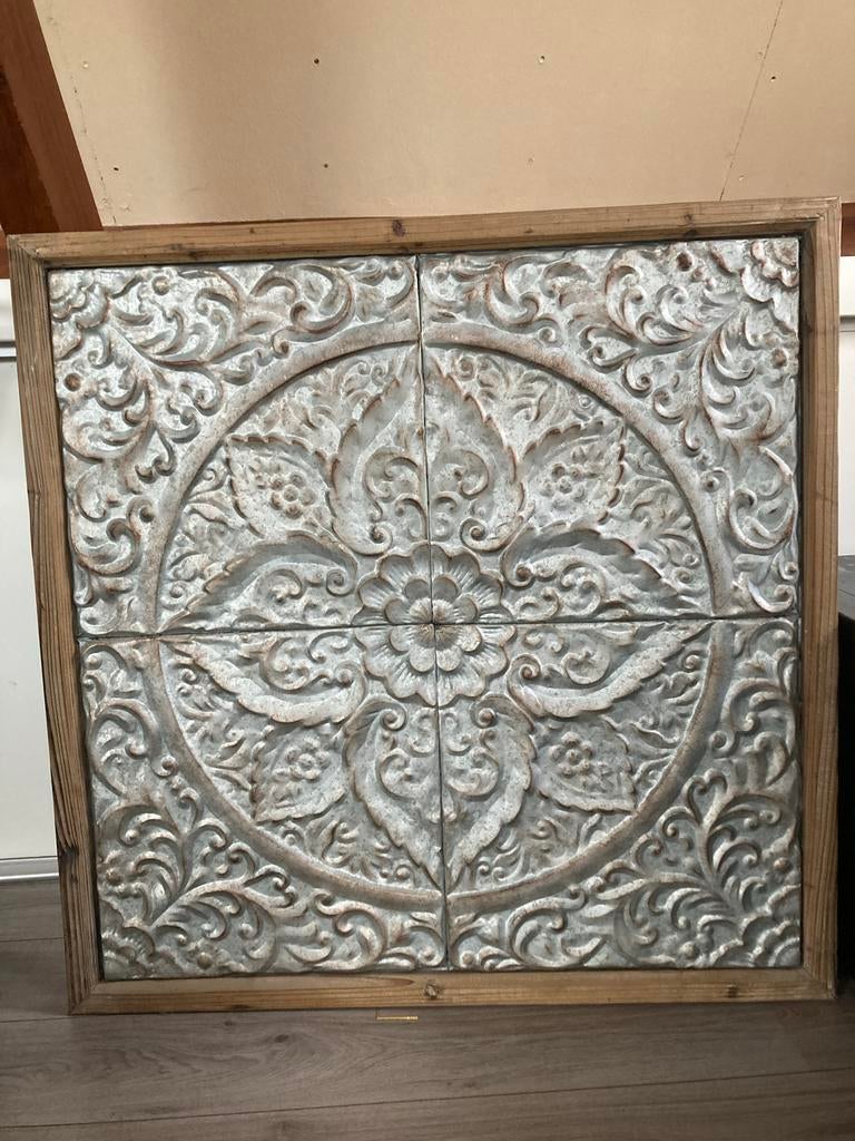 Wanddecoratie Metaal Hout 100x100 cm - Vintage/Landelijk, Gebruikt, Hout, Ophalen of Verzenden, Wandbord of Wandpaneel