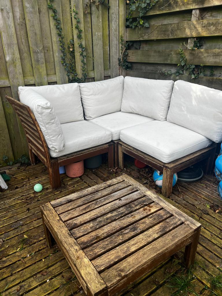 IKEA Applaro Loungeset - 3-zits met kussens en tafel, Ophalen, Gebruikt, Hardhout, 3 zitplaatsen