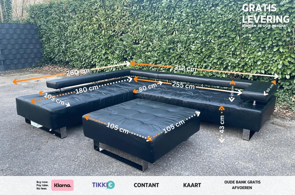 Montèl Cipriani zwart leren design hoekbank gratis levering, Huis en Inrichting, Banken | Bankstellen, 250 tot 300 cm, Hoekbank