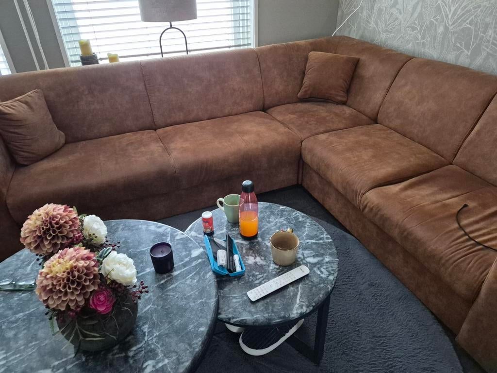 Cognac kleurige hoekbank, Ophalen of Verzenden, Zo goed als nieuw