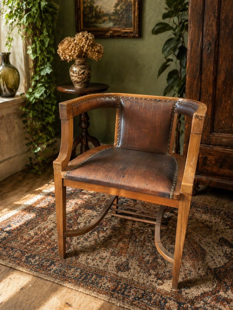 Vintage Art Deco fauteuil / bureaustoel – hout & leer, Ophalen, Gebruikt, Minder dan 75 cm, 50 tot 75 cm