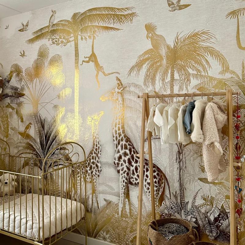 Nieuw Pimpelmees Behang: Giraf en Slingeraapjes Goud, Huis en Inrichting, Stoffering | Behang, Ophalen, Minder dan 10 m², Wit