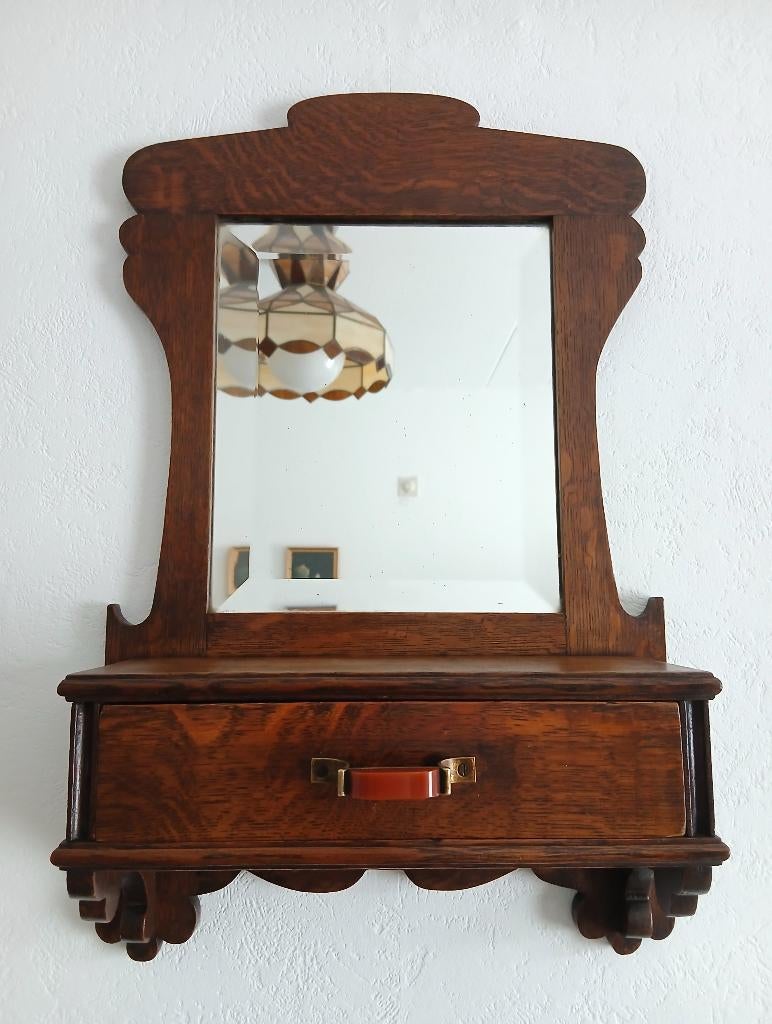 Art Nouveau halspiegel met lade, Antiek en Kunst, Antiek | Spiegels, Ophalen of Verzenden, Overige vormen, Minder dan 50 cm, Minder dan 100 cm