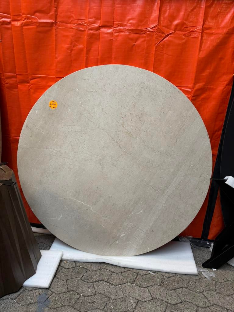 Eettafel rond hoogwaardig marmer met mangohouten poot B keus, Ophalen, Japandi, Overige materialen, 100 tot 150 cm
