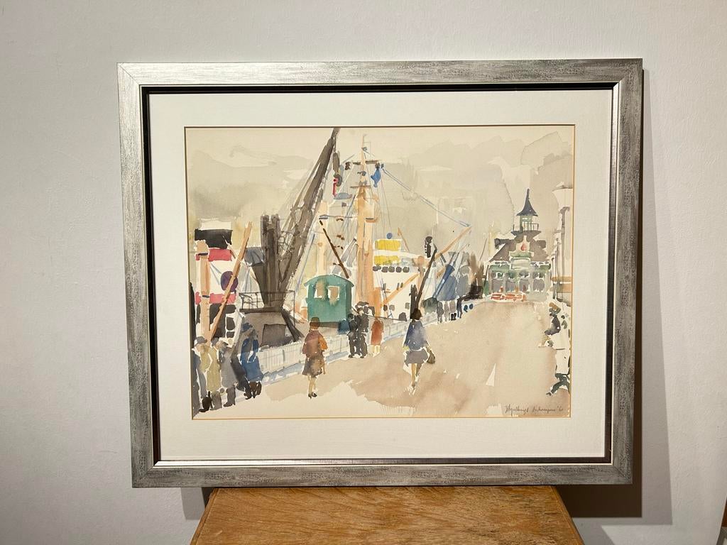 Jan Asselbergs - Originele aquarel Antwerpen 1961 - Haven, Antiek en Kunst, Ophalen of Verzenden