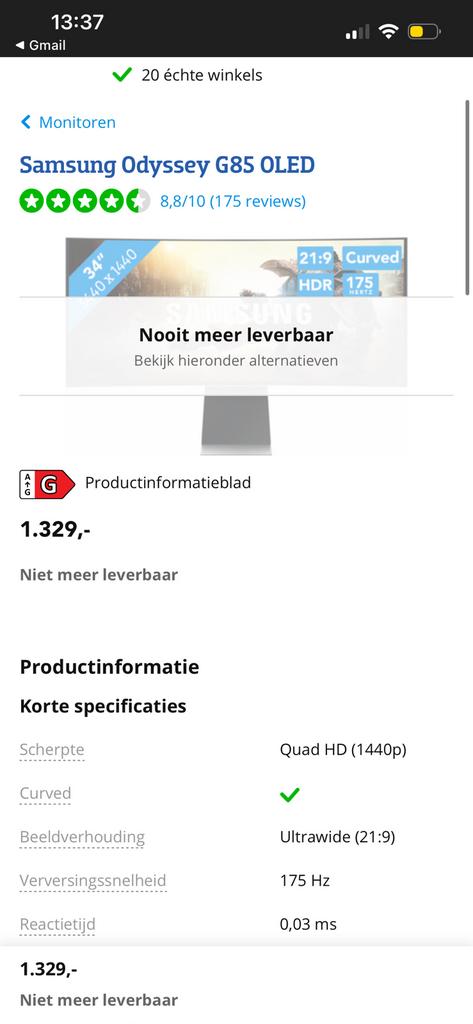 Samsung Odyssey G85 Oled ultra wide gaming monitor, Telecommunicatie, Zenders en Ontvangers, Ophalen of Verzenden, Zo goed als nieuw