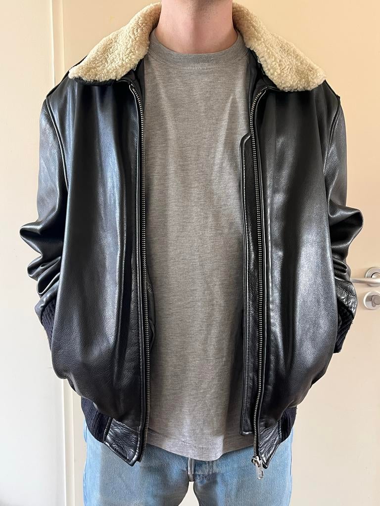 Zwart Vintage Leren Pilotenjack Maat L, Ophalen of Verzenden, Gedragen, Maat 52/54 (L), Zwart