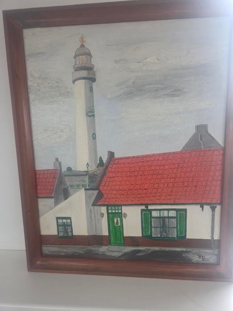 Schilderij met vuurtoren en huisjes egmond aan zee, Antiek en Kunst, Ophalen of Verzenden